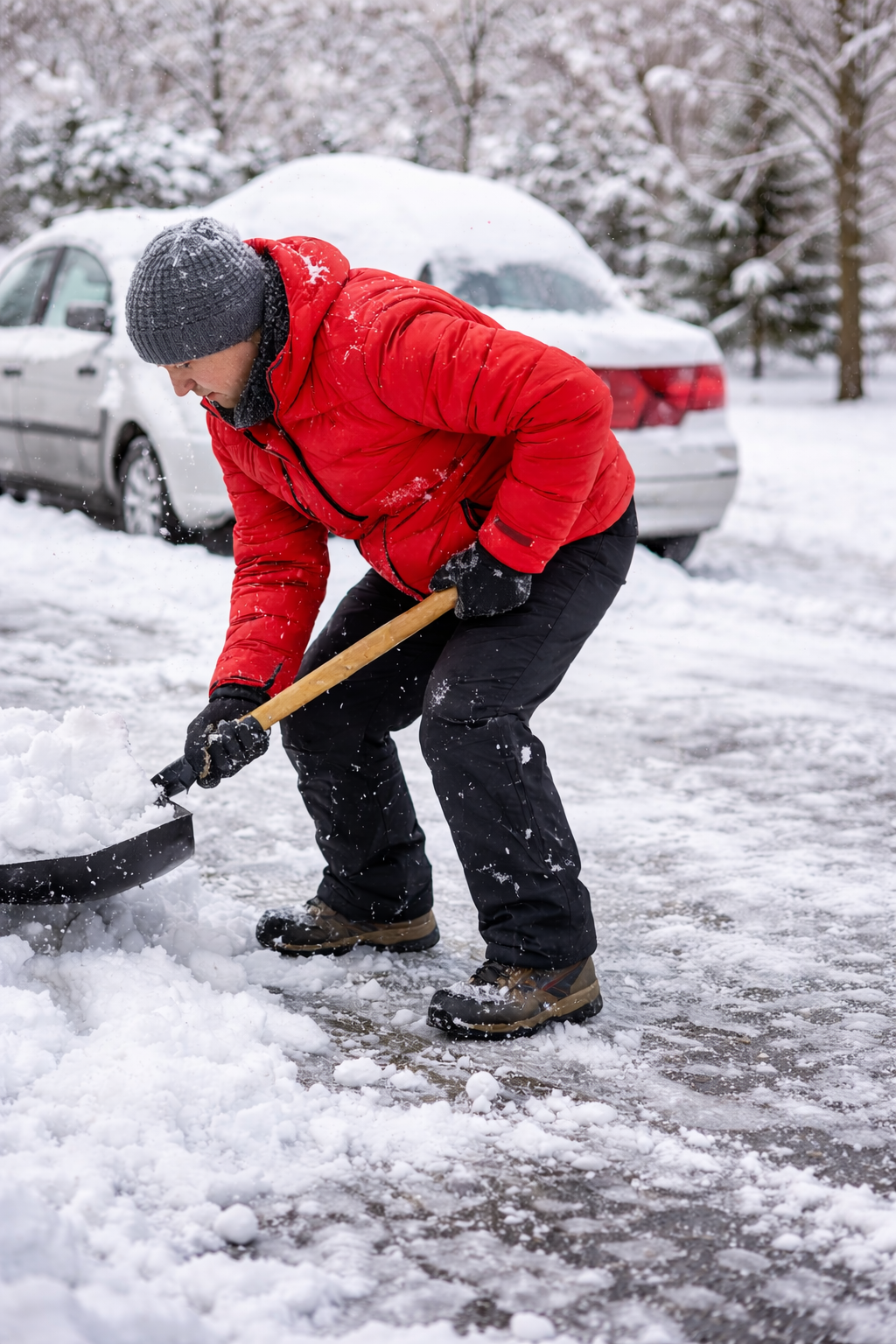 Man shovelling snow using proper lifting technique to reduce strain on the lower back in winter