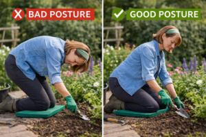 bad vs good posture while gardening to prevent back pain