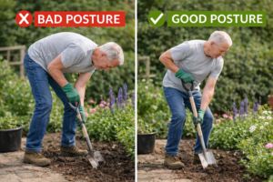 bad vs good posture when digging with a spade to prevent back pain