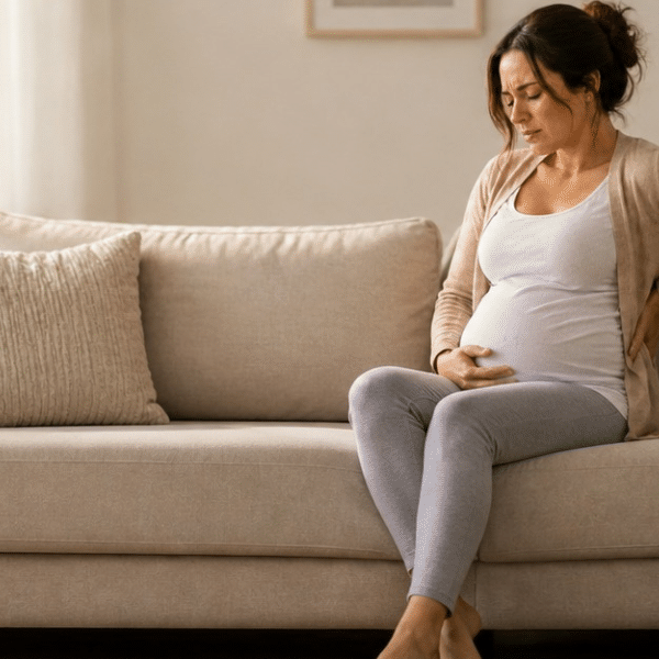 Pregnant woman holding her lower back while sitting on a sofa, showing pregnancy-related back pain