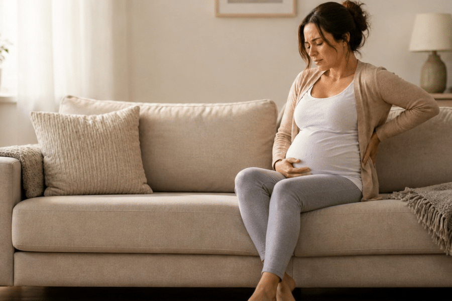 Pregnant woman holding her lower back while sitting on a sofa, showing pregnancy-related back pain
