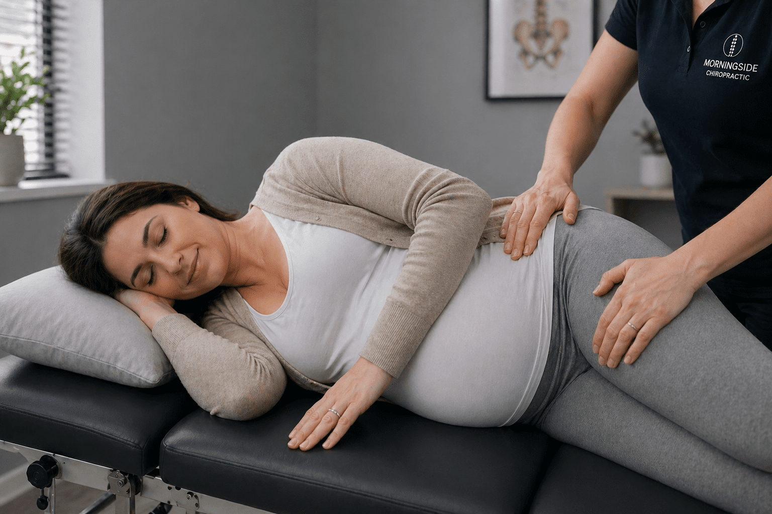 Pregnant woman receiving gentle chiropractic treatment in a side-lying position for back and pelvic pain