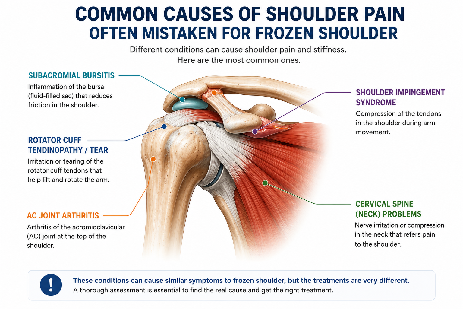 Anatomical shoulder infographic showing common conditions often mistaken for frozen shoulder, including rotator cuff tears, subacromial bursitis, shoulder impingement, AC joint arthritis and referred pain from the neck.