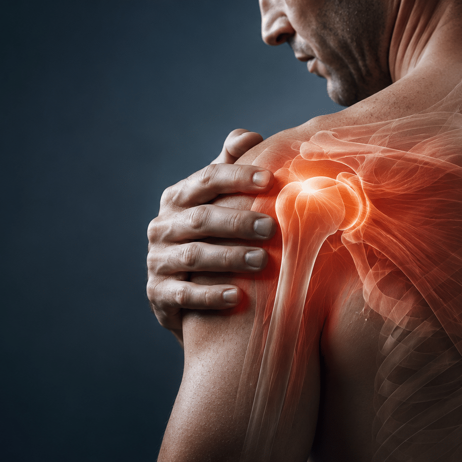 Medical illustration showing shoulder joint anatomy and rotator cuff structures commonly involved in frozen shoulder (adhesive capsulitis) and shoulder pain.
