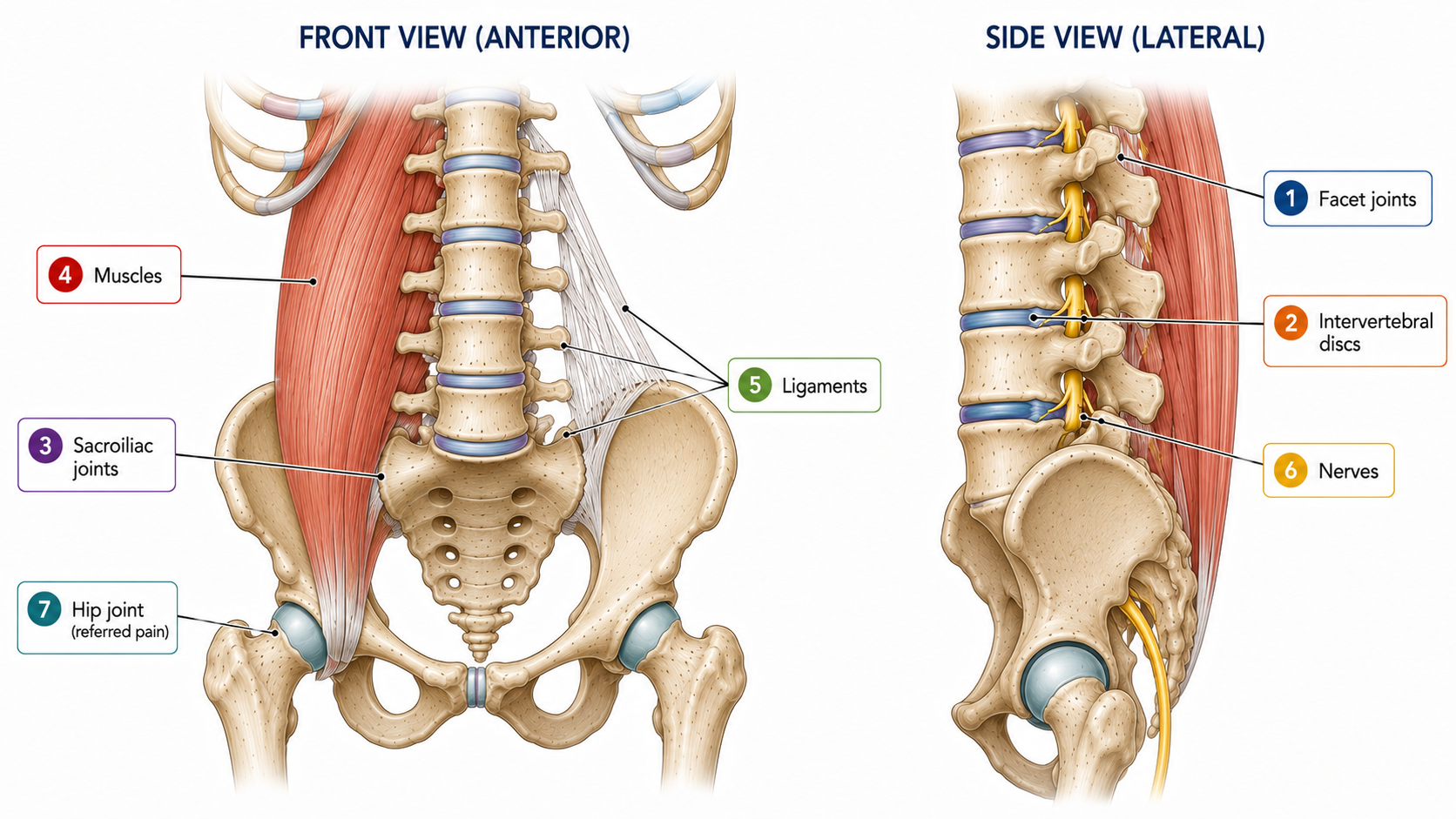 Front and side views of lower-back anatomy showing lumbar facet joints, intervertebral discs, sacroiliac joints, muscles, ligaments, nerves and the hip joint.
