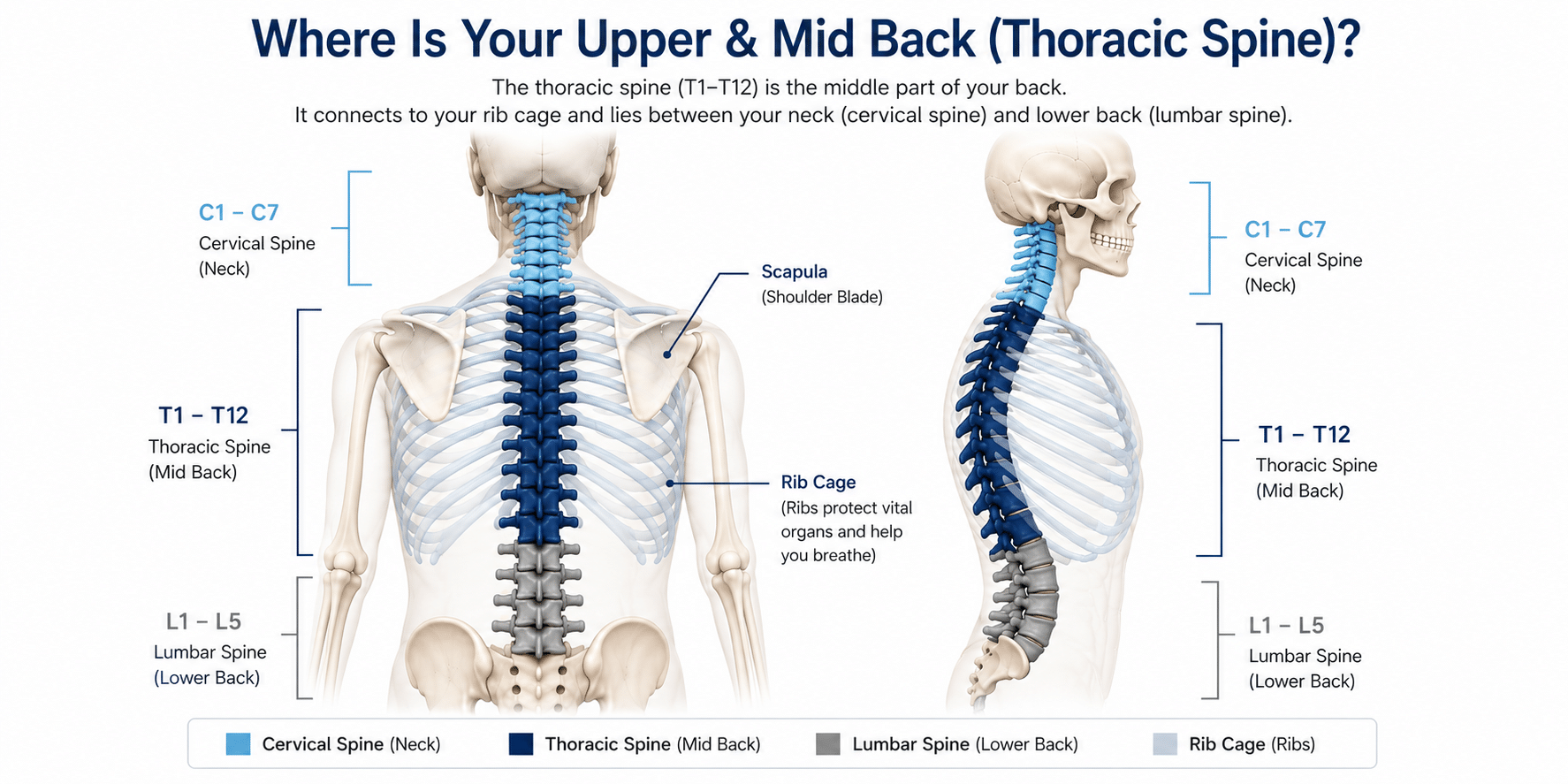Illustration showing the upper and mid back (thoracic spine) from posterior and side views. The cervical spine, thoracic spine, lumbar spine, rib cage and shoulder blades are labelled to help explain upper back pain anatomy.