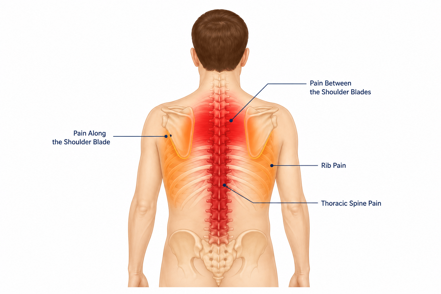 Medical illustration showing the common locations of upper and mid back pain, including pain between the shoulder blades, thoracic spine, ribs and along the shoulder blade.