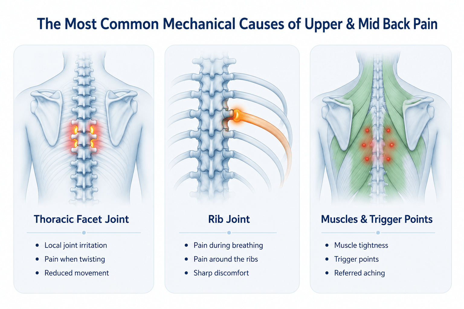Medical infographic illustrating the three most common mechanical causes of upper and mid back pain: thoracic facet joint irritation, rib joint dysfunction and muscle trigger points.