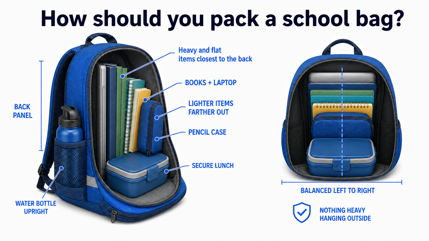 School backpack packed with heavy books and a laptop closest to the child’s back, lighter items farther away, a secure lunch box and upright water bottles.