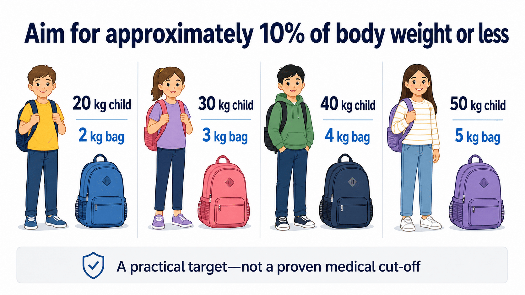 Examples of the 10% school-bag weight guide: a 20 kg child with a 2 kg bag, 30 kg child with a 3 kg bag, 40 kg child with a 4 kg bag and 50 kg child with a 5 kg bag.