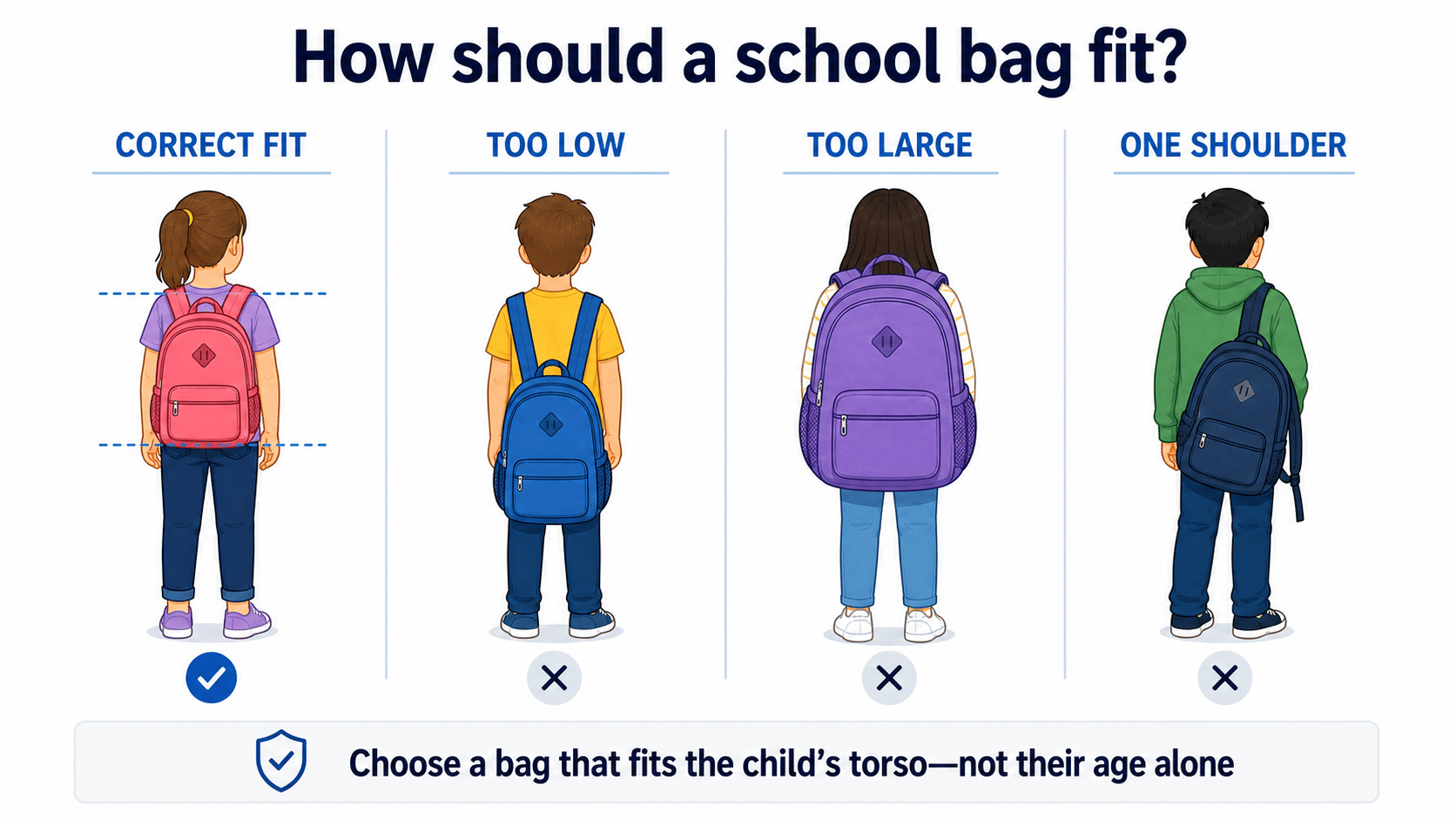 Comparison of a correctly fitted school backpack with backpacks worn too low, too large or over one shoulder.