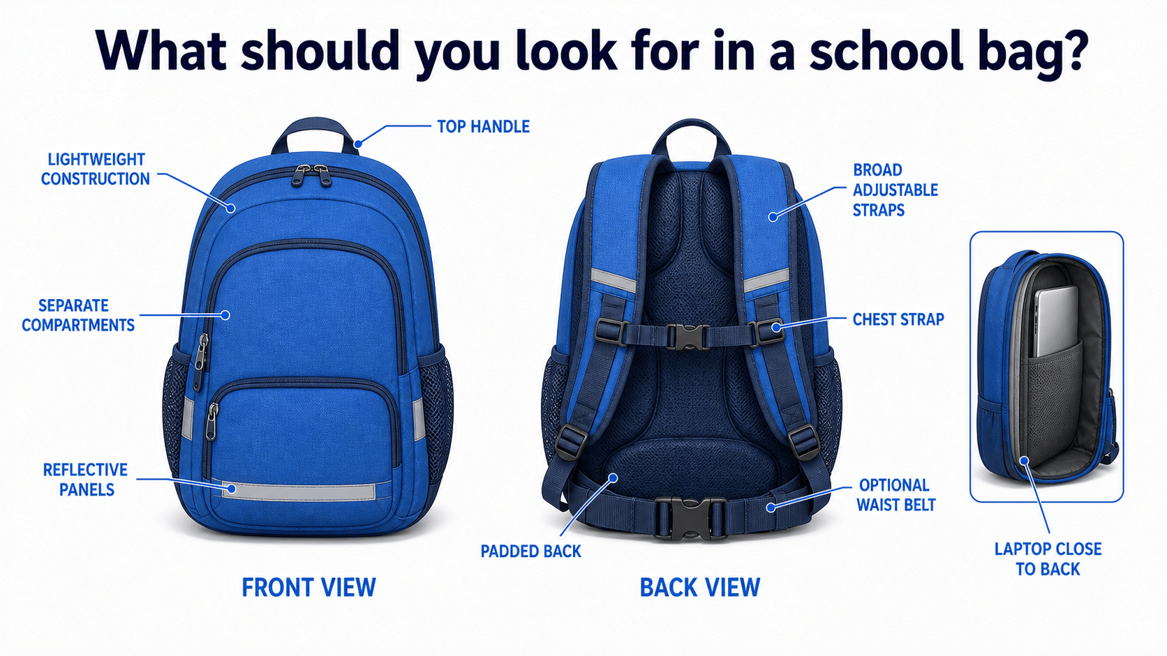 School backpack features including two broad adjustable straps, chest strap, waist belt, padded back, separate compartments, reflective panels, top handle and a laptop compartment close to the back.