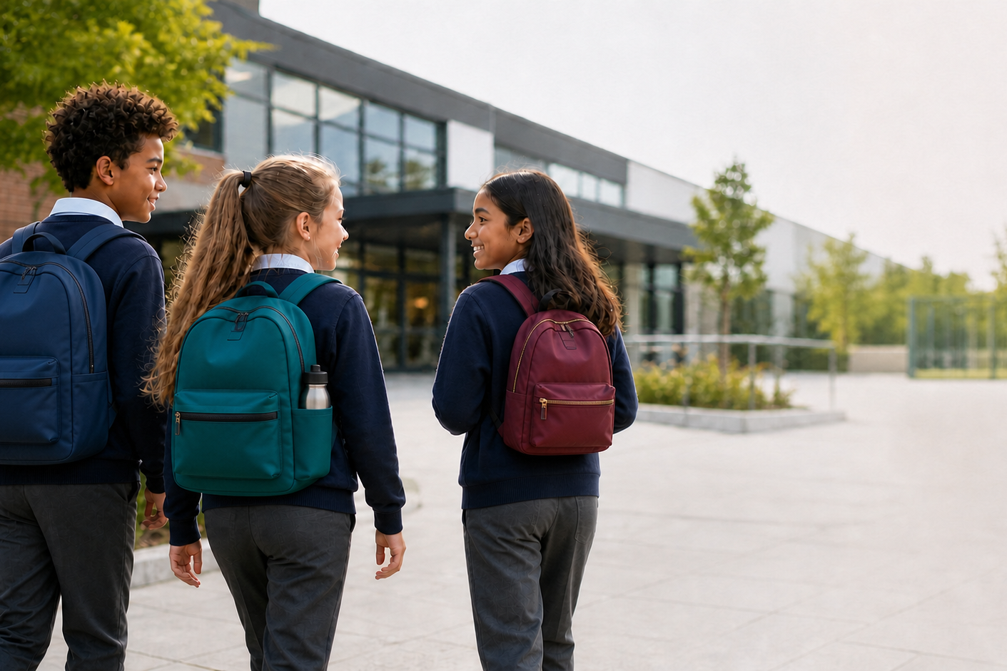 Three schoolchildren walking towards school with backpacks worn on both shoulders and a water bottle secured in a side pocket