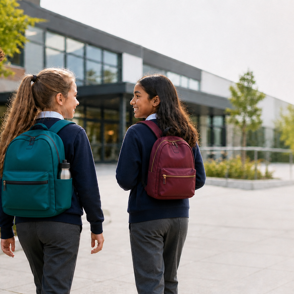 Three schoolchildren walking towards school with backpacks worn on both shoulders and a water bottle secured in a side pocket