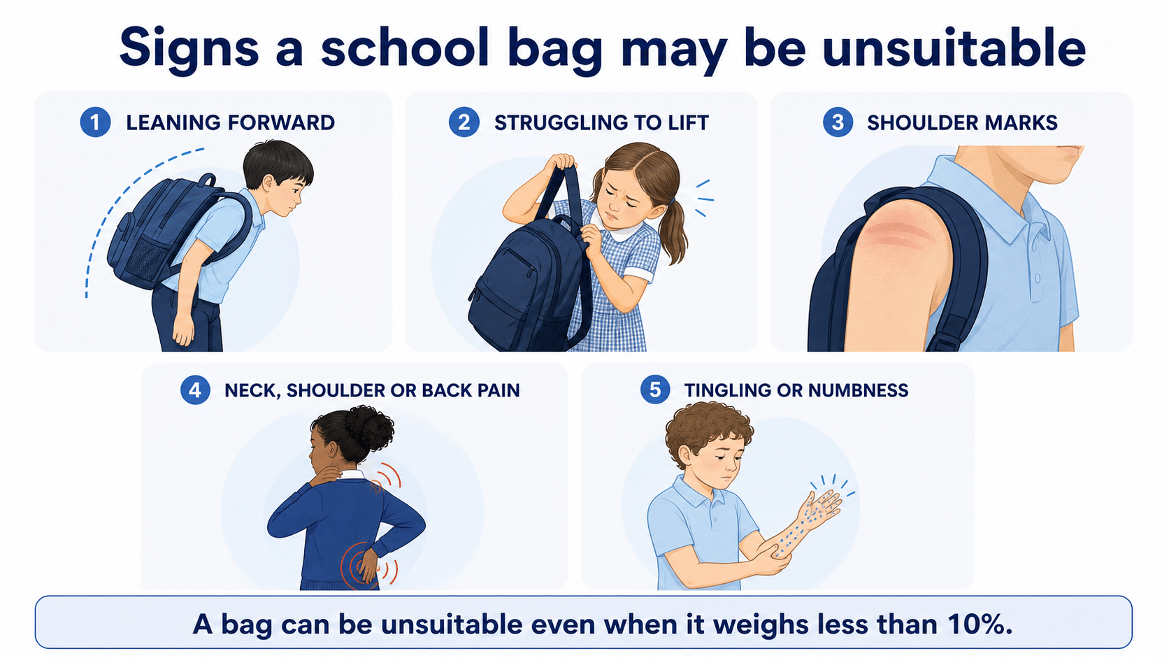 Five signs a school bag may be unsuitable: leaning forward, struggling to lift it, shoulder marks, neck, shoulder or back pain, and tingling or numbness.